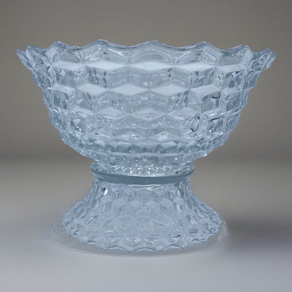 Vintage Fostoria American Cubist Punch Bowl Set with Stand 2-Piece 14.5x9.5 Inches