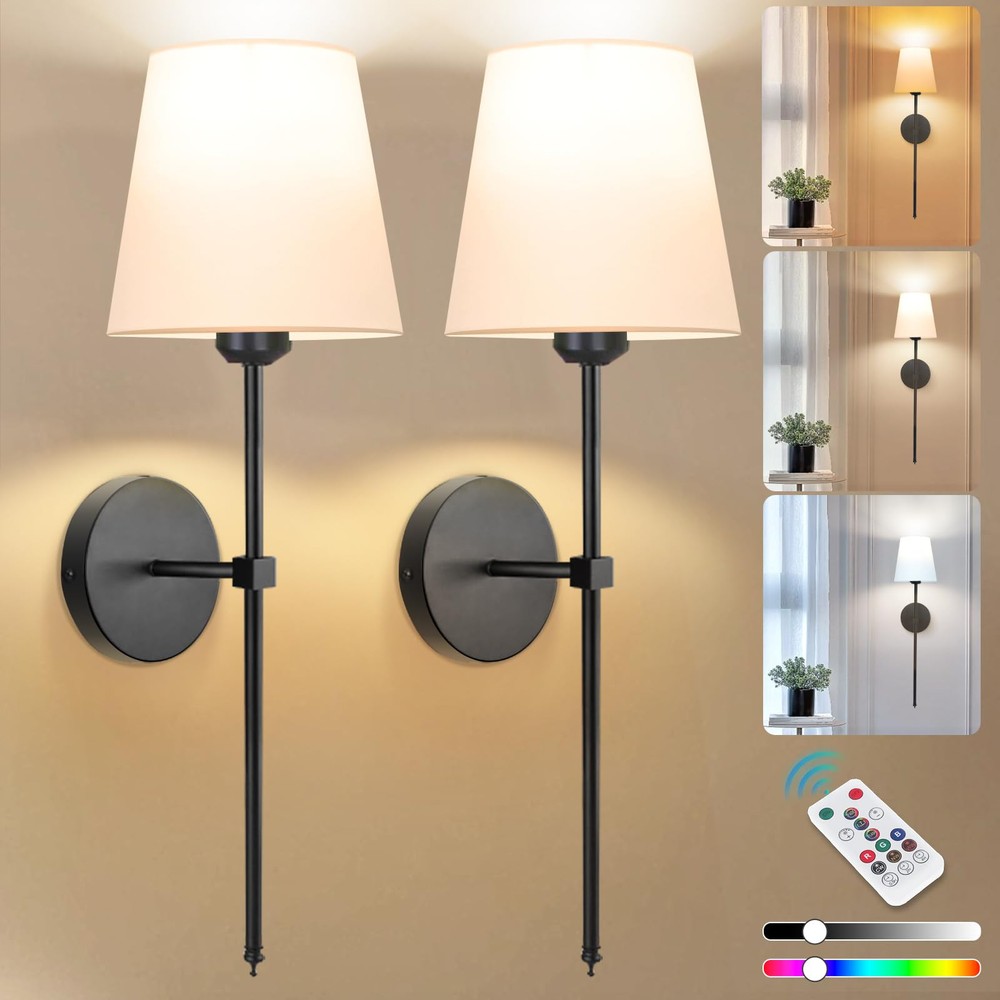 Battery Operated Wall Sconce Set of 2, 5600mAh Black Rechargeable Wall Lights...