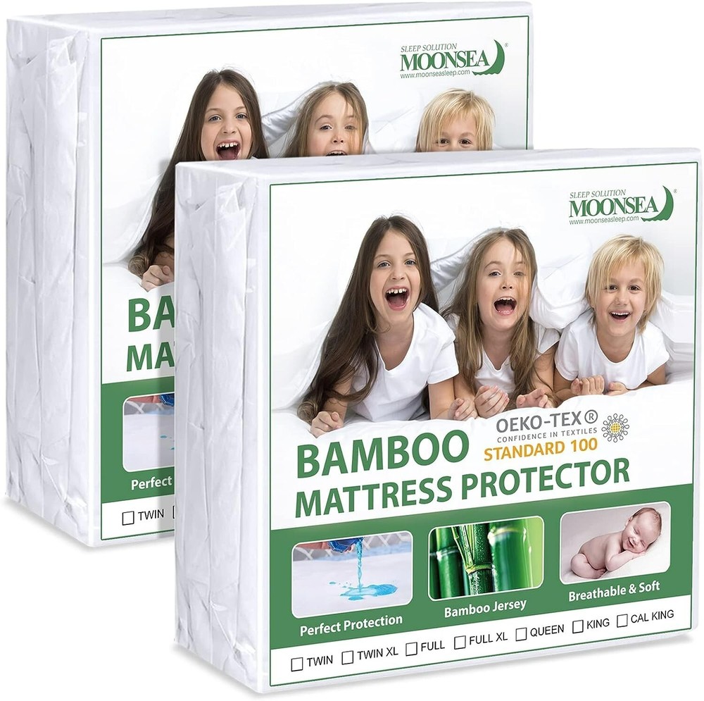 Full Size Bamboo Waterproof Mattress Protector 2 Pack Fits 14 Inch Deep Beds  -image