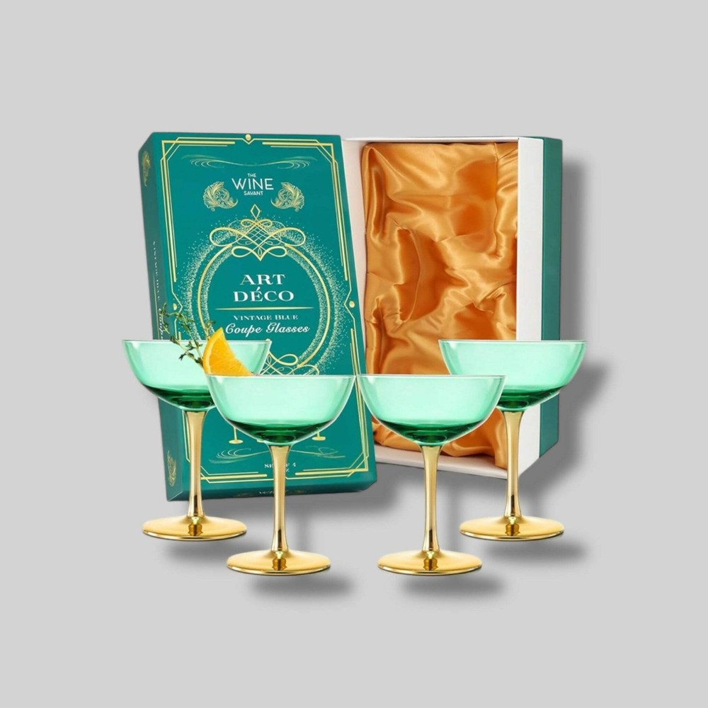 Art Deco Green and Gold Coupe Wine Glasses Set of 4 New in Box