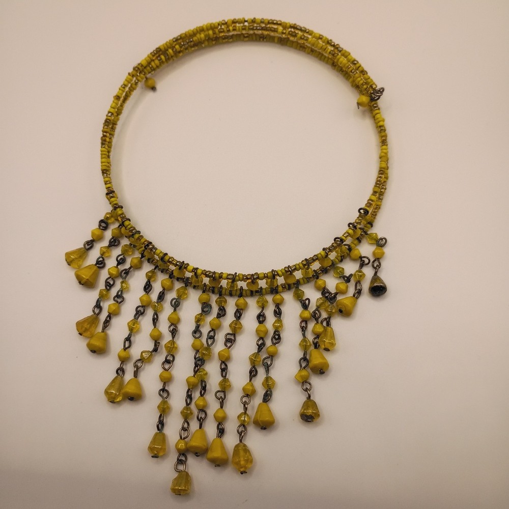 Vintage Boho Yellow Beaded Choker Necklace Dangles Spring Summer Adjustable 14