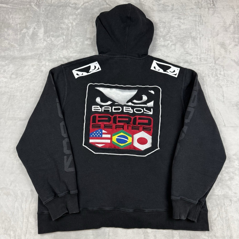Bad Boy Pro Series MMA Hoodie Black Full Zip Men XXL USA Brazil Japan Flags Y2K
