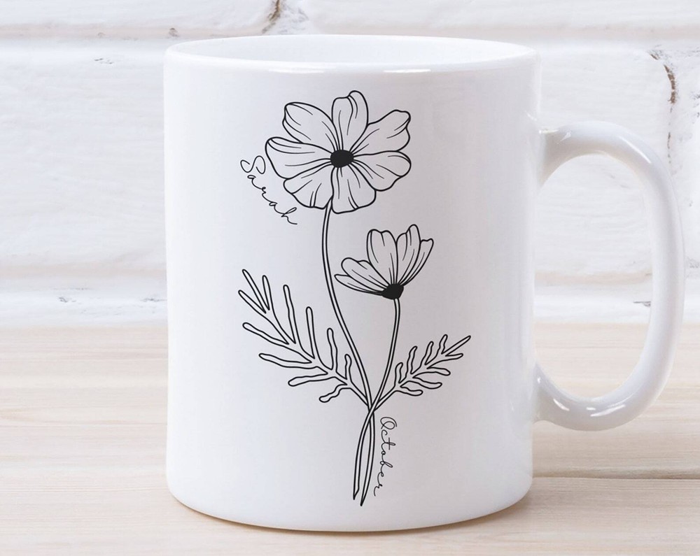 Custom October Birth Flower Mug with Libra Zodiac Sign - Personalized Gift