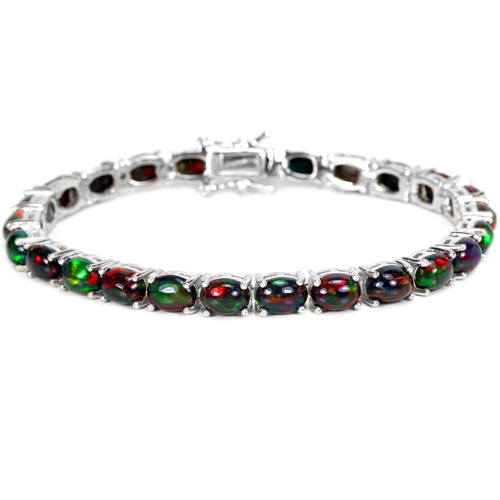 NATURAL AAA RAINBOW BLACK OPAL OVAL STERLING 925 SILVER BRACELET 7.5 INCH.