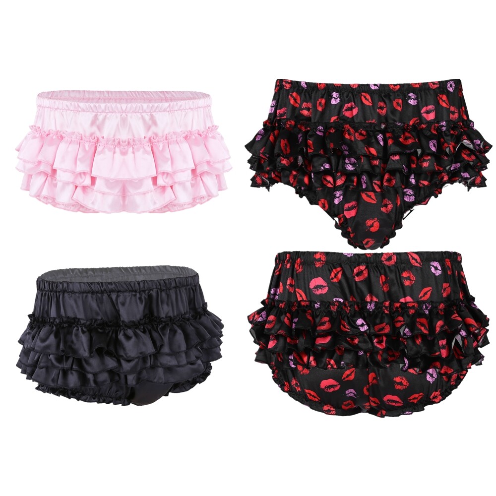 Men's Satin Silky Lace Frilly Ruffle Boxer Briefs Sissy Thong Panties Underwear