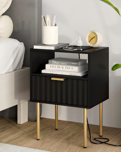 Masupu Nightstand with Charging Station,Mid-Century Modern Black Fluted