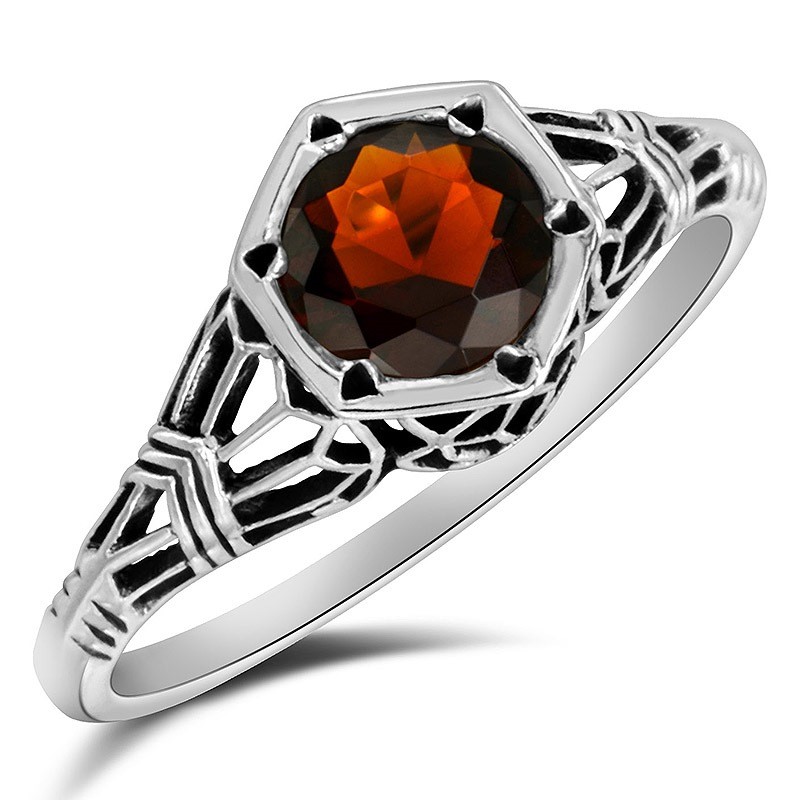 1CT Natural Fire Garnet 925 Sterling Silver Art Nouveau Ring Sz 8,9 PA1