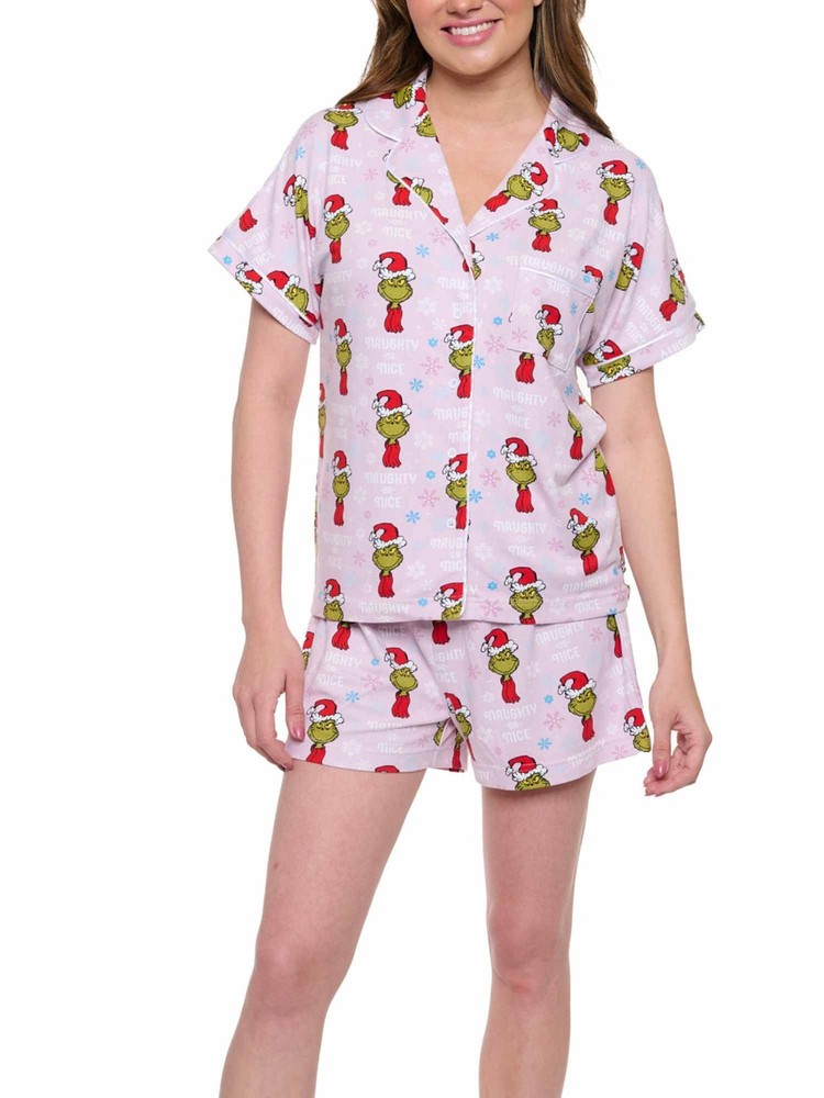 Women's Grinch Pajama Set - Button-Up Shirt & Shorts Lounge Wear