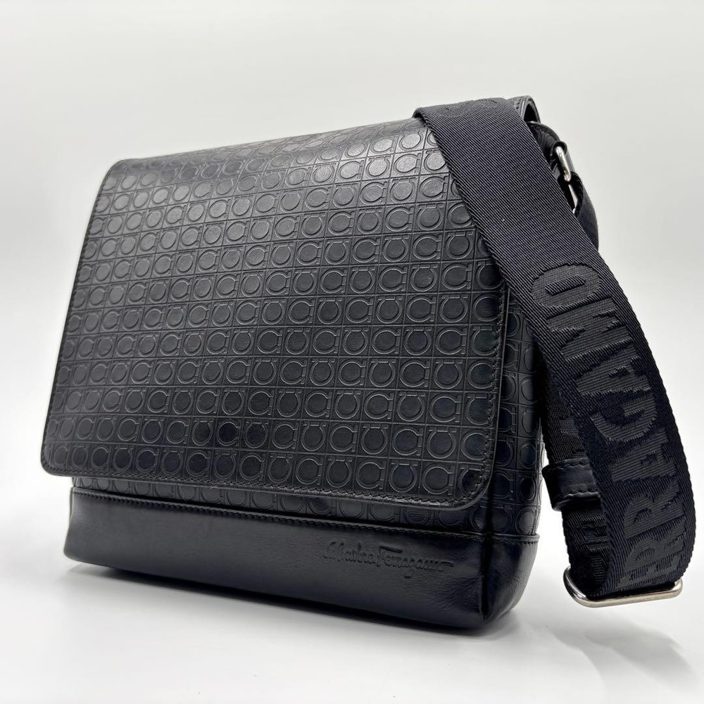 Salvatore Ferragamo Gancini Embossed Leather Black Mens Messenger Shoulder Bag