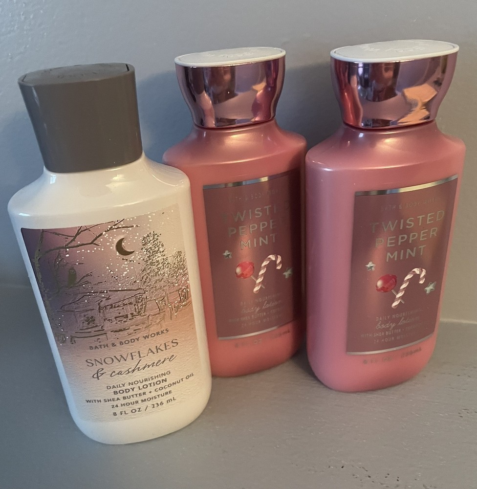 Set of 3 Bath & Body Works Lotions TWISTED PEPPERMINT SNOWFLAKES & CASHMERE