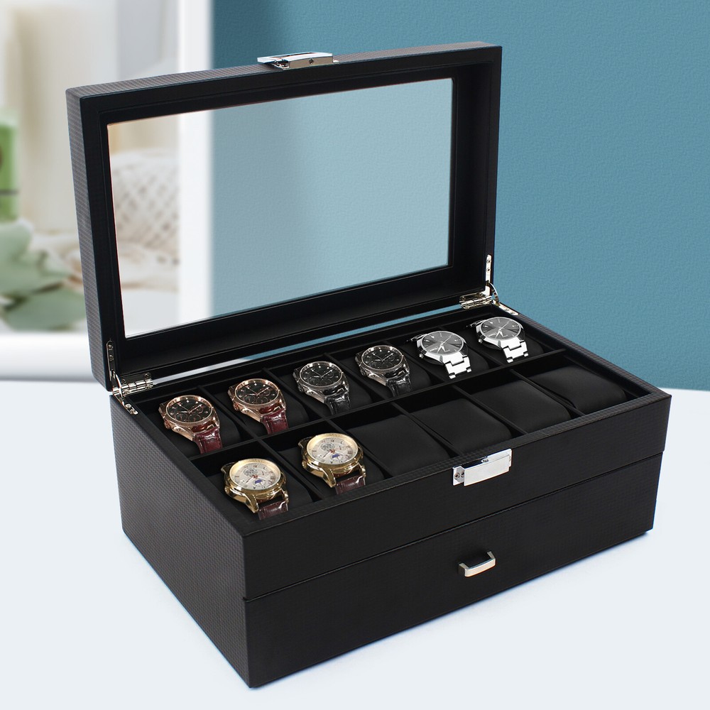 24-Slot Men's Watch & Jewelry Display Case Organizer - Large Black Storage Box