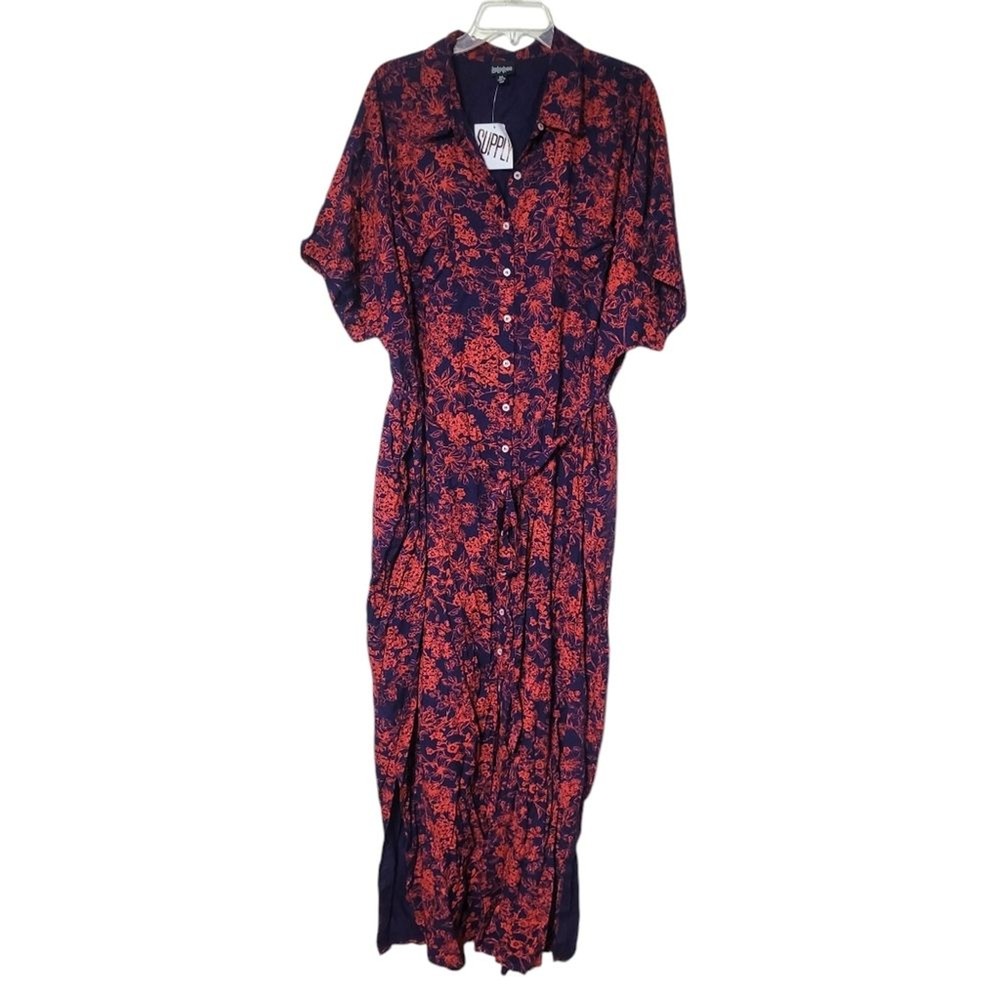 Lularoe Blue & Orange Floral Maxi Button Front Shirt Dress With Pockets Size 3XL