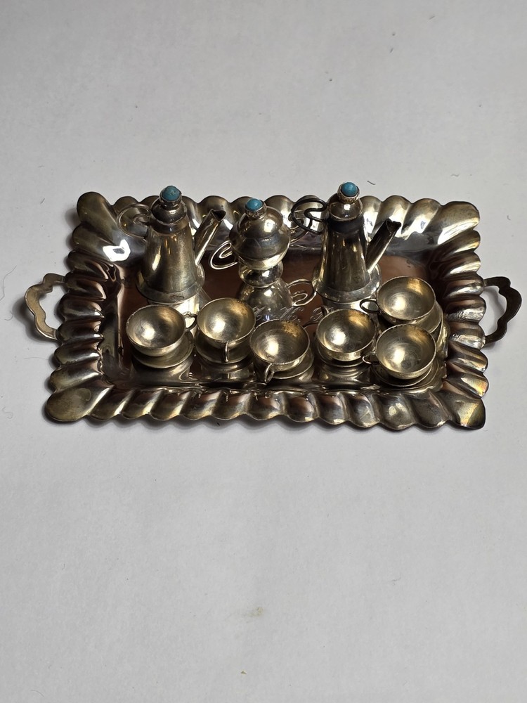 Vintage Mexican Sterling Silver Miniature Dollhouse Tea Set Mexico DF 1950s