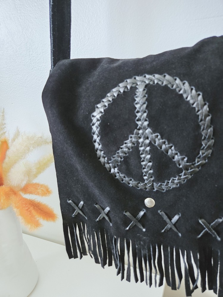 Black Suede Leather Biker Bag Purse & Pocketbook Peace Sign Boho Crossbody