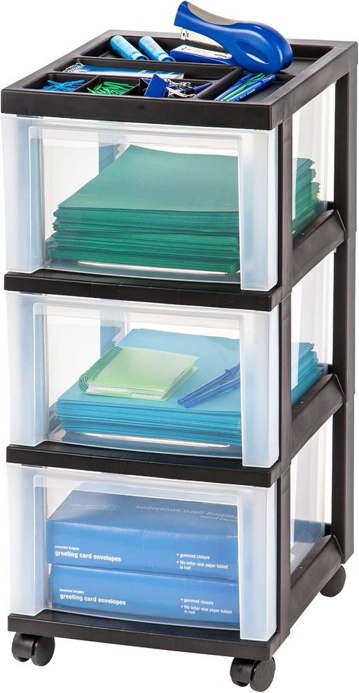 Plastic Drawer Storage Organizer Rolling Cart,3-Drawers,Black/Clear