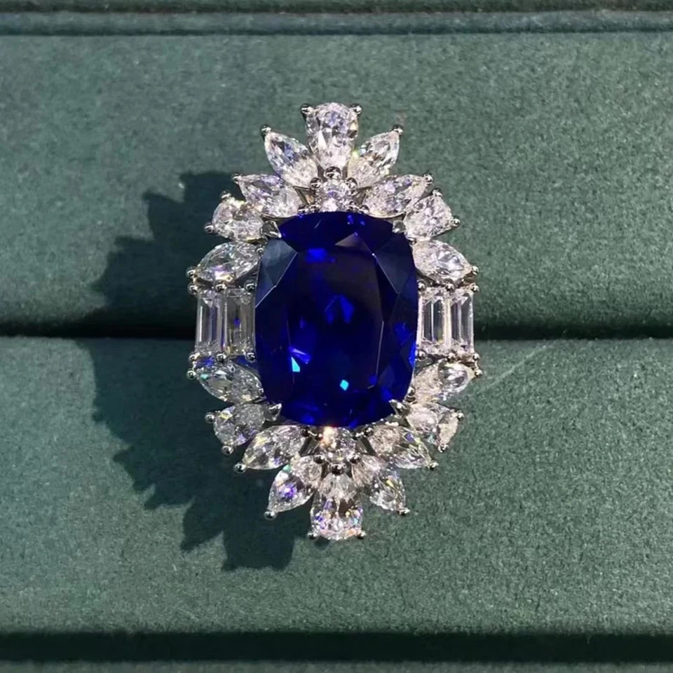 6.00Ct Natural Blue Sapphire Diamond Engagement Ring 18K Solid White Gold Size 6