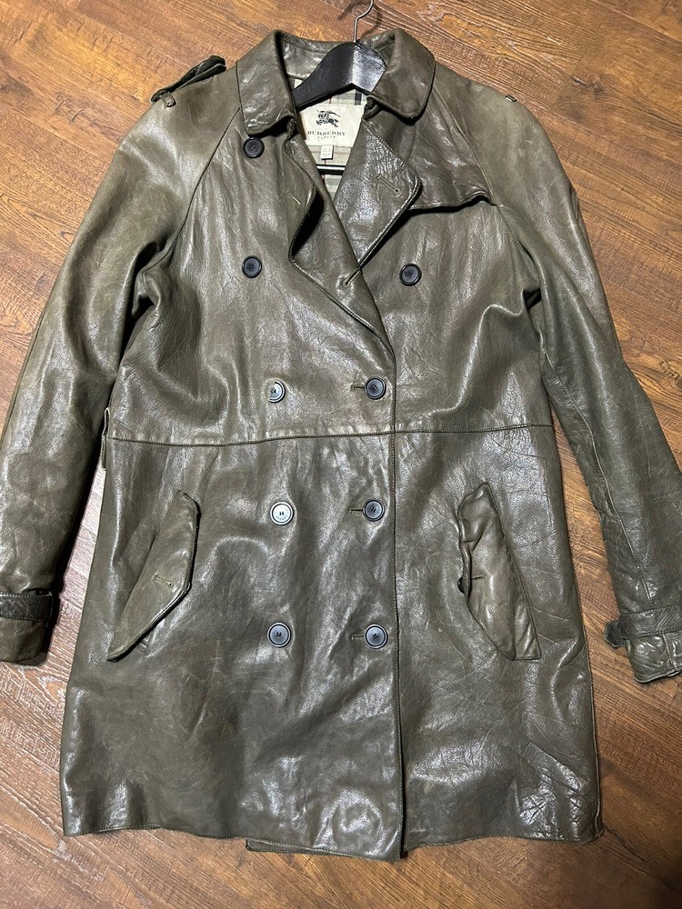 BURBERRY leather trench coat jacket ladies US 10 olive green