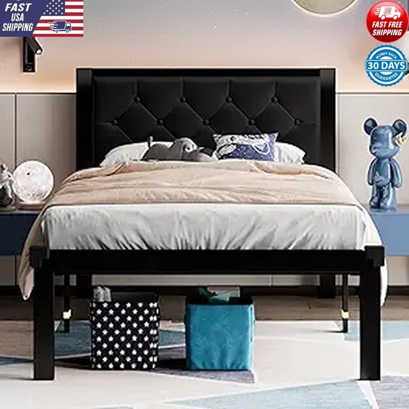 Metal Twin Bed Frame W/ Upholstered Headboard 12 Inch Storage Noise Free New