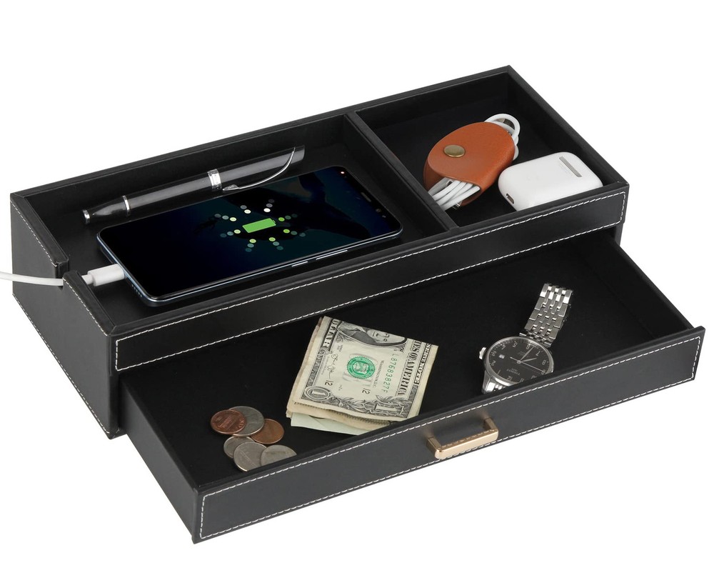 Valet Jewelry Tray Organizer with Drawer, Faux Leather Storage Catchall Box C...