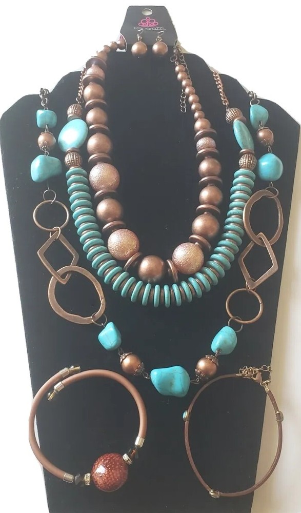 Bundle 3 Necklaces 2 Bracelets Mix No Match Turquiose & Brown Colors