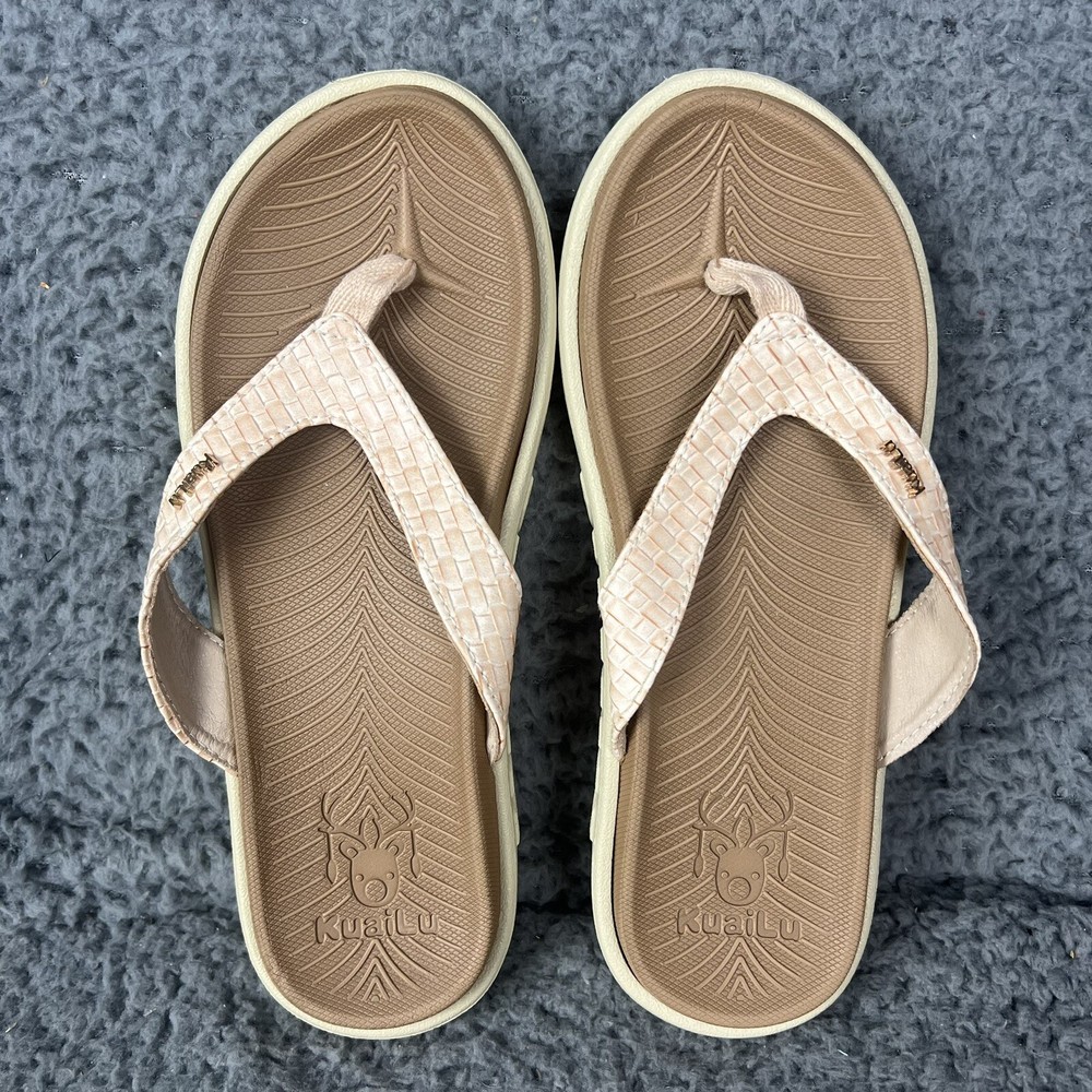 KuaiLu Womens 7 Beige Flip Flops Yoga Mat Comfortable Walking Rubber Cushion