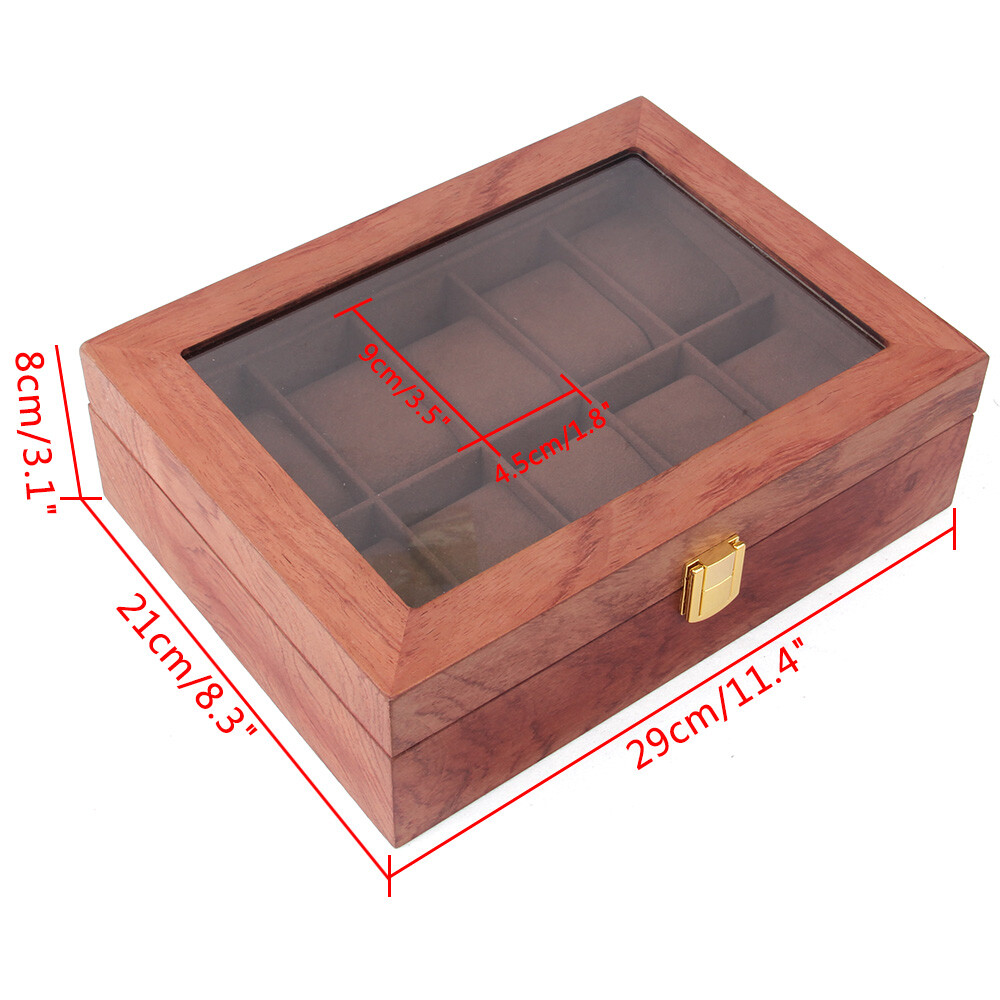 10-Slot Wooden Watch Box with Glass Top for Jewelry Storage