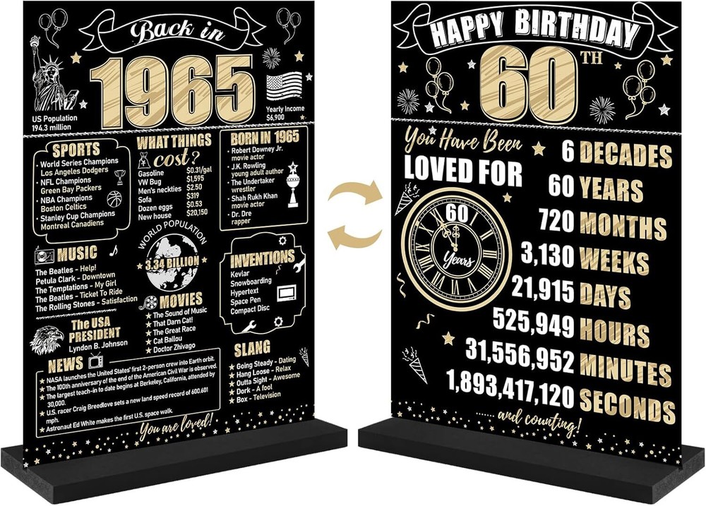 Black Gold 60Th Birthday Decorations Back in 1965 Table Sign for Men Women, Two-