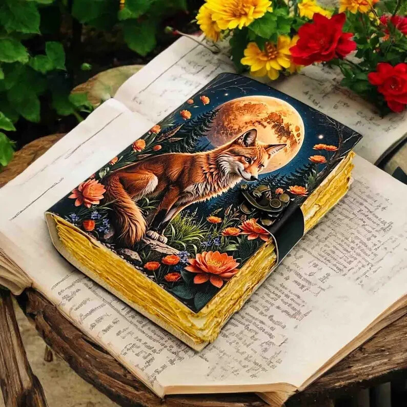 Large Fox Leather Blank Spell Grimoire - Book of Shadows Notebook