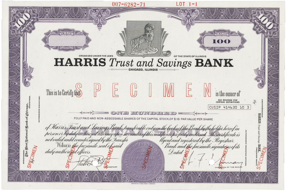 Harris Trust and Savings Bank. Stock Certificate