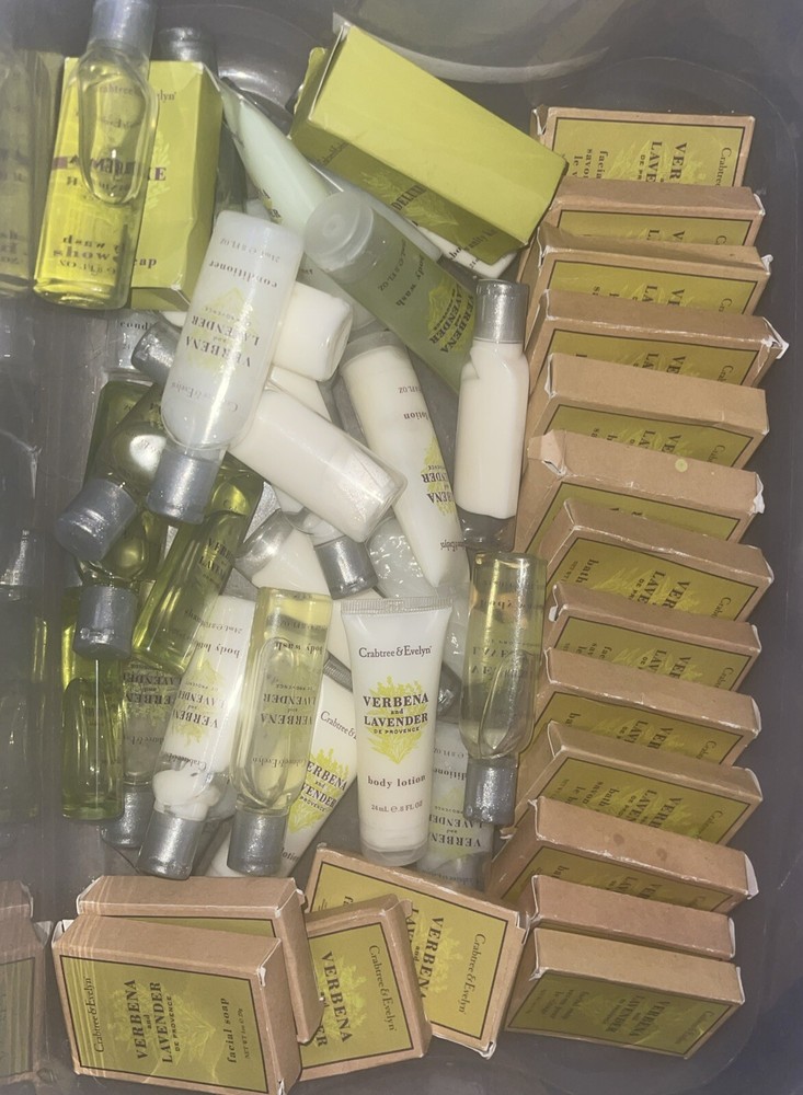 lot of 45+ random Crabtree & Evelyn travel lotion,soapbars, bodywash,conditioner