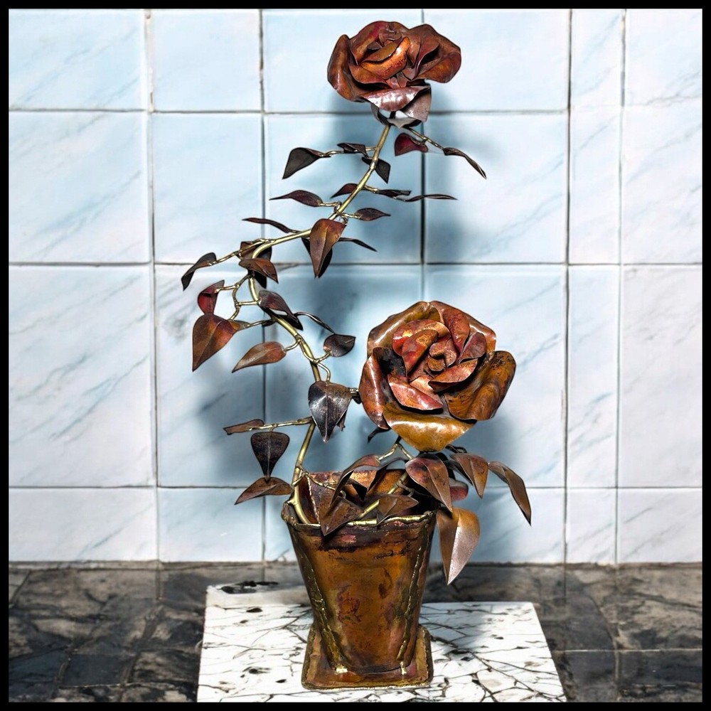 Vintage Brutalist Copper Brass Rose Sculpture in Flower Pot  