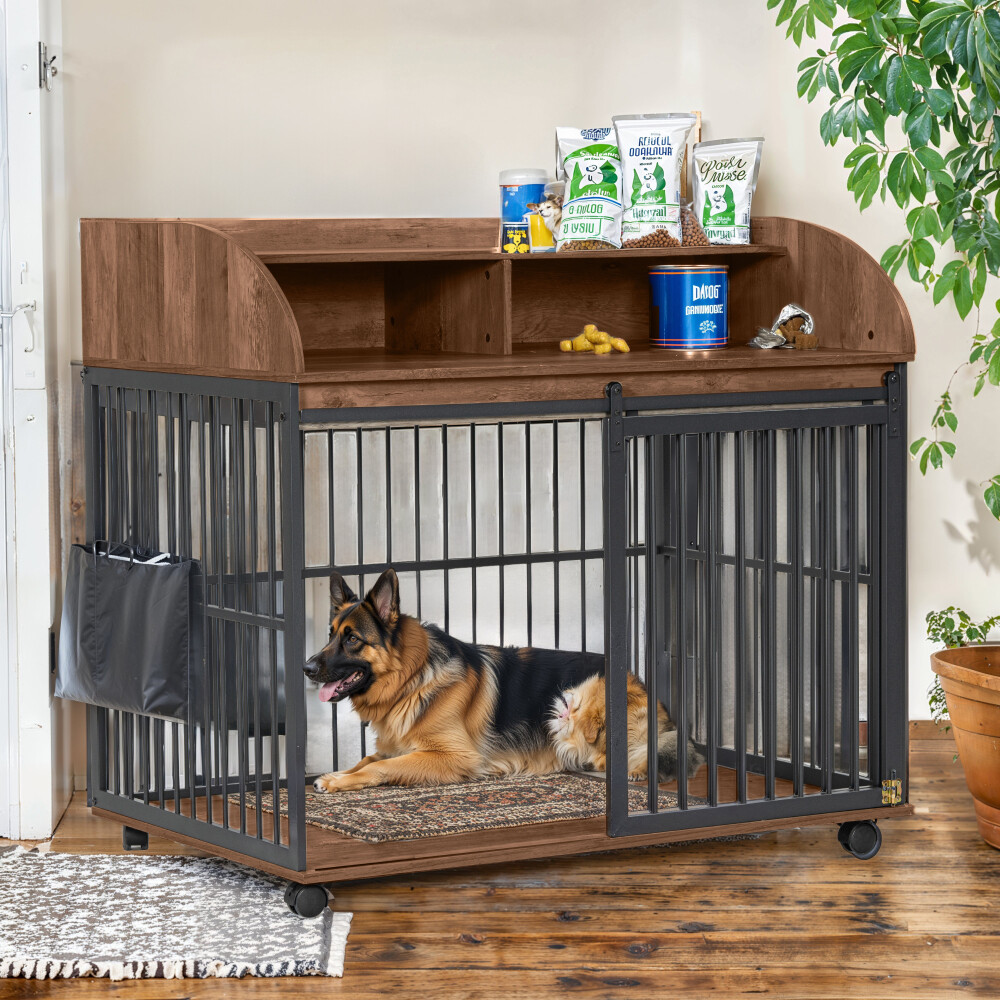 44'' Heavy Duty Large Dog Crate Furniture with Lockable Wheels, Double Storage