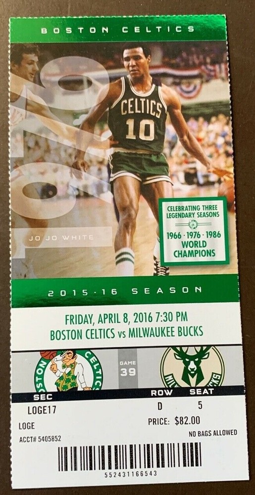 Boston Celtics 4/8/2016 NBA ticket stub vs Milwaukee Bucks