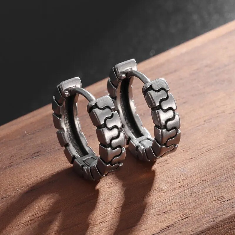 Vintage Hip Hop Punk 925 Sterling Silver Earrings for Men Women, Geometry Cuff