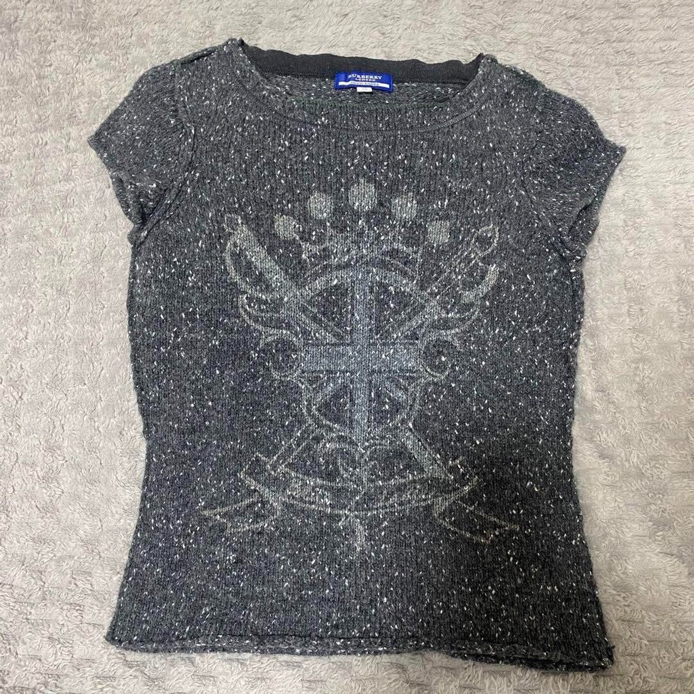 BURBERRY BLUE LABEL Short sleeve Knit Sweater Logo Wool Women Size 38/S-M Used