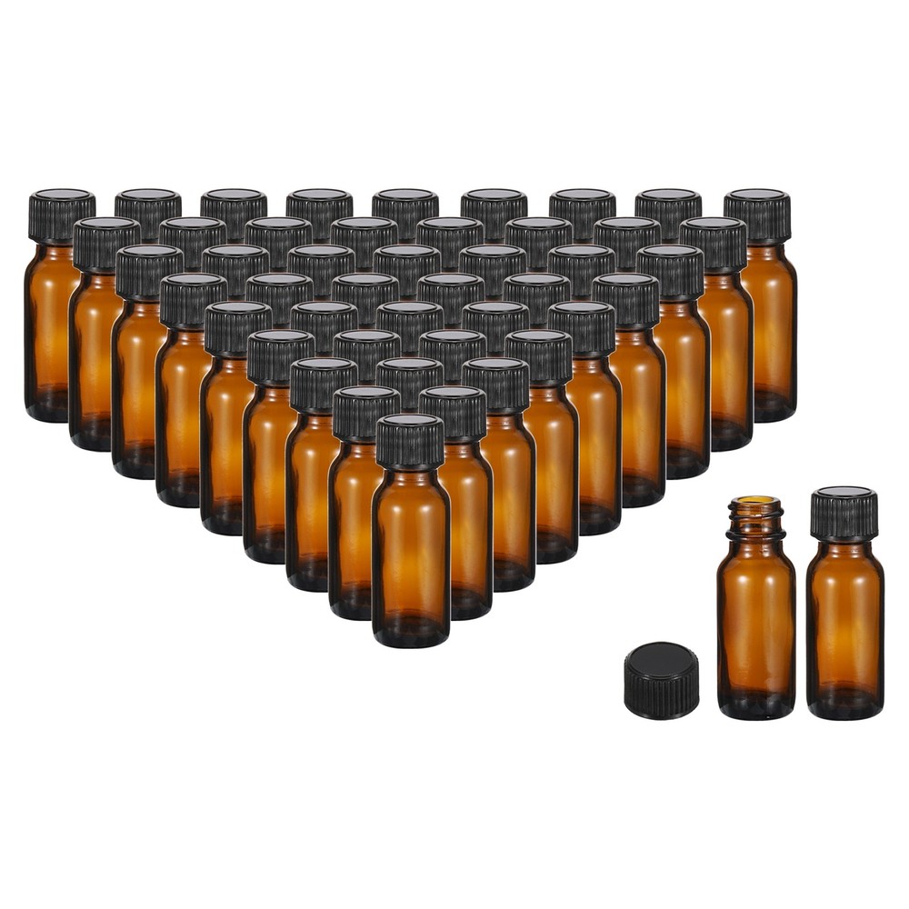 0.5oz(15ml) Glass Dispensing Bottle with Black Poly Cone Cap, 48Pcs, Amber