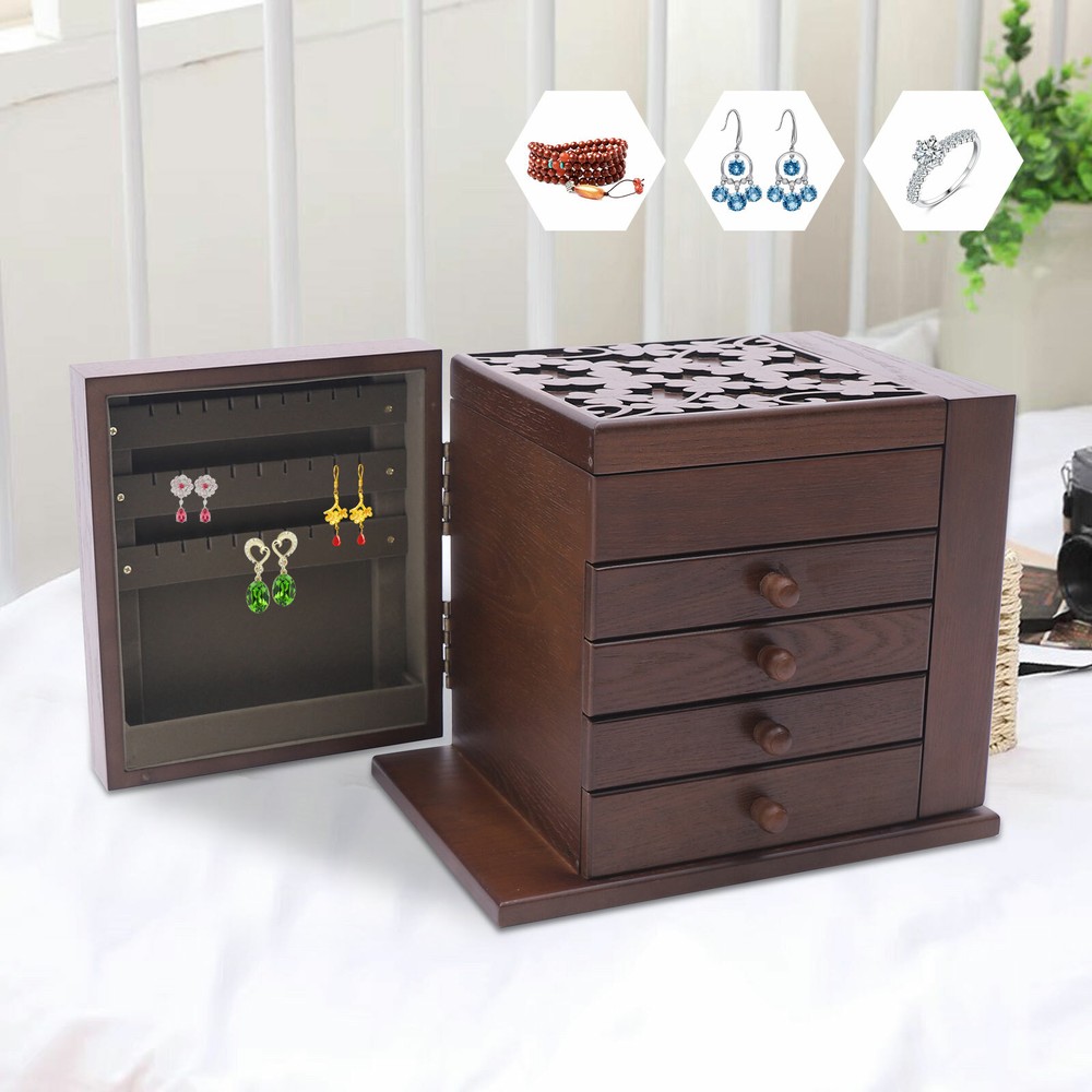 5 Layers Case Vintage Large Jewelry Organizer Wooden Storage Box w/ 4 Drawers