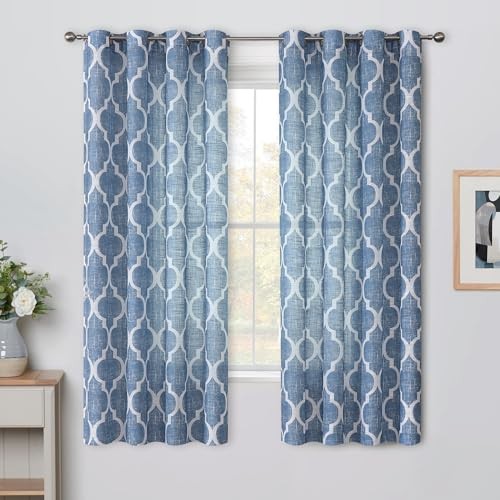 Linen Semi Sheer Geometric Curtains 50x63 Inch Blue Grommet Top Set of 2