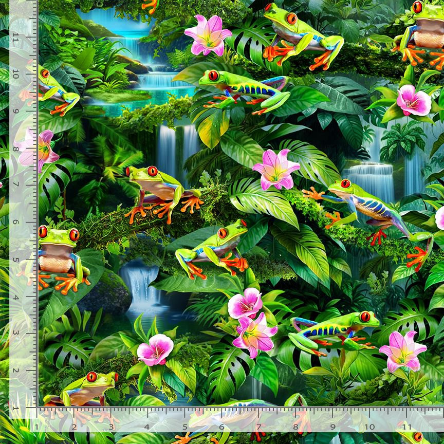 Rainforest Frog Green Allover Animal Fabric by Timeless Treasures