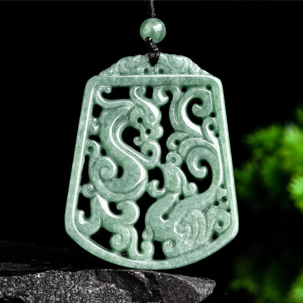 Certified AAA Burma Jadeite Dragon Phoenix Pendant Necklace Green Natural