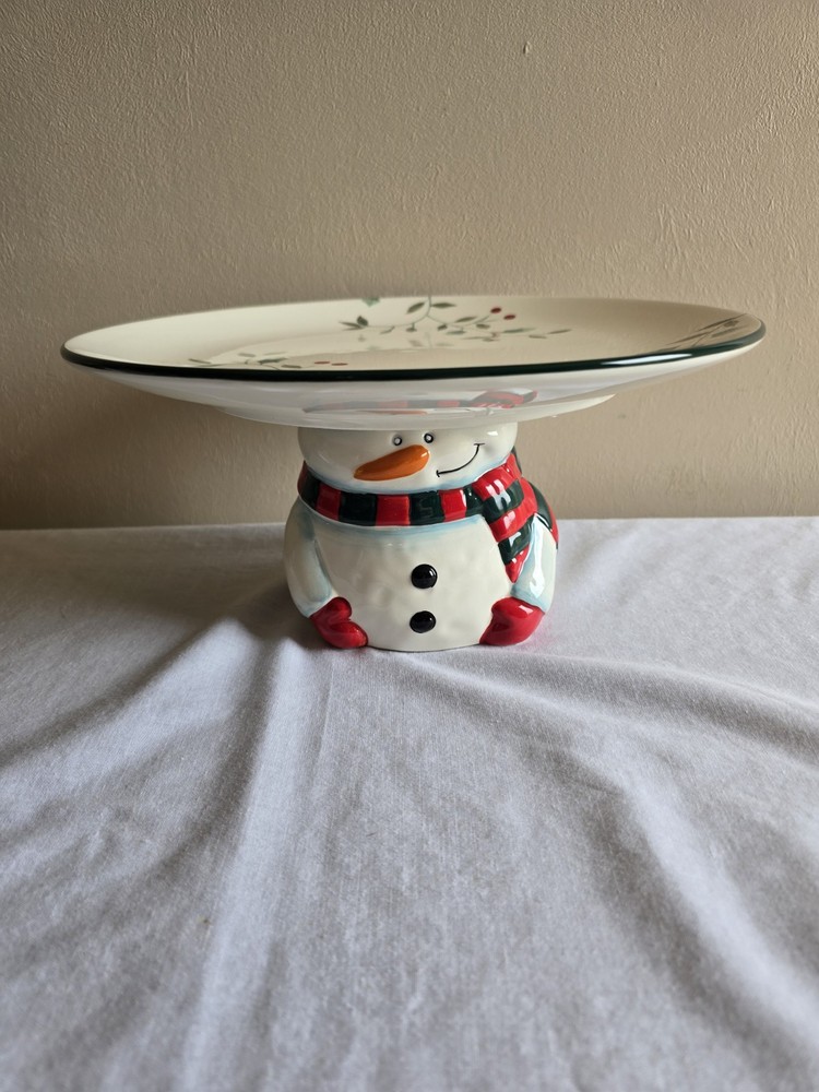 VTG Pfaltzgraff Winterberry Footed Ceramic Snowmen Cake Plate for Christmas