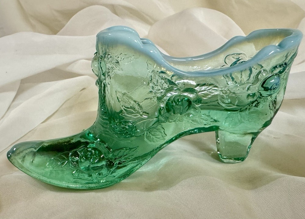Fenton Green Milk Glass Trim Cabbage Rose Art Glass Shoe Slipper