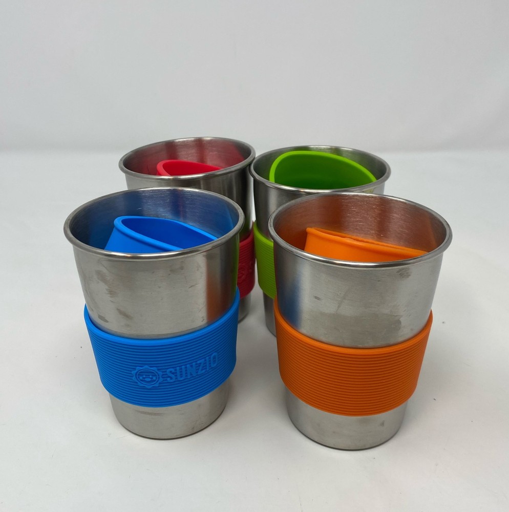 SUNZIO Stainless Steel Sippy Cups 10 oz (4-Pack) - Multicolor Silicone Lids