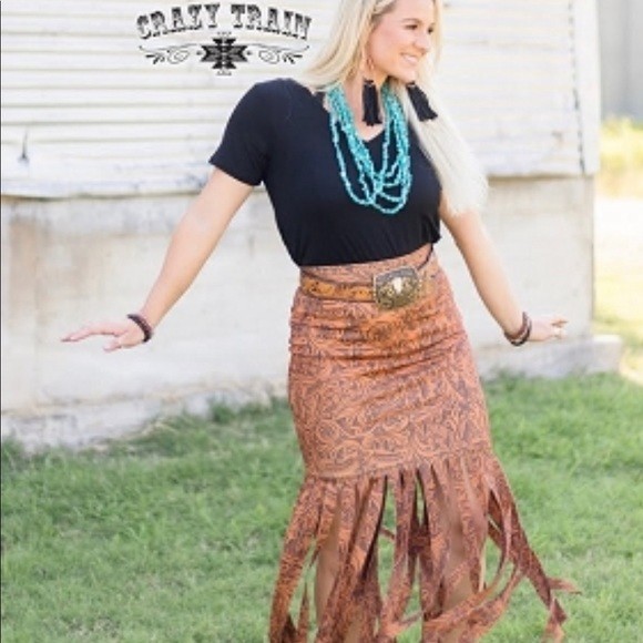New Crazy Train Lonestar Skirt with Tassel Fringe Brown Black Womens