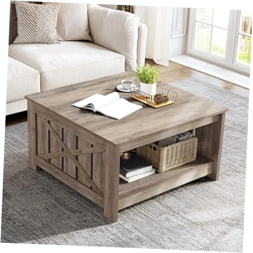 Farmhouse Grey Coffee Table for Living Room No Drawer