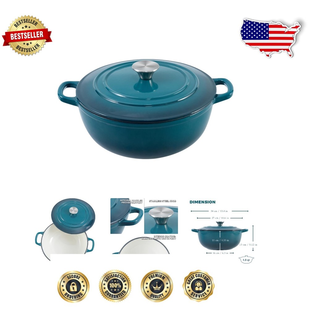 Elegant 4.8 Quart Dutch Oven with Heavy Lid in Dark Cyan - Oven Safe & Versatile