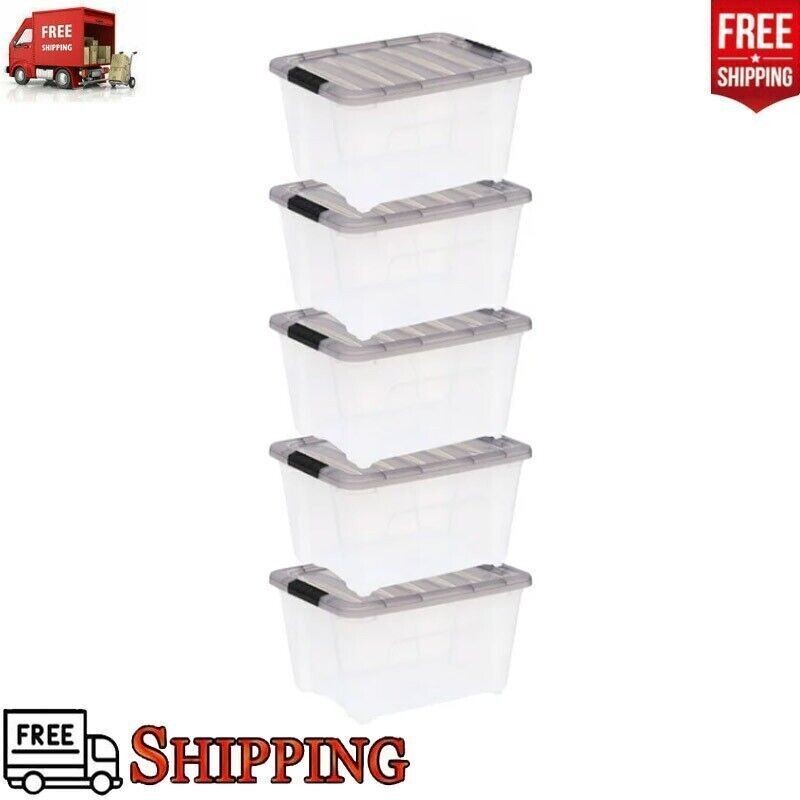 Clear 32 Qt Plastic Storage Box Set of 5 with Buckles & Rectangular Base