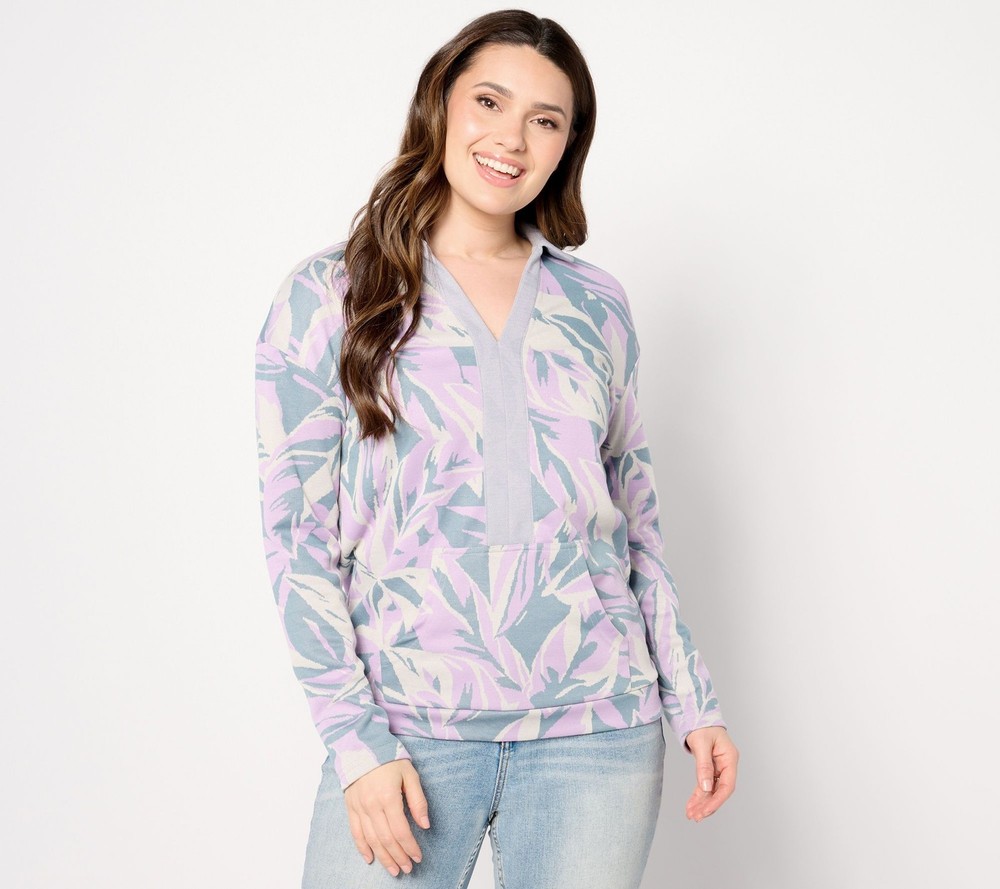 zuda Women's Top Sz XL Palm Jacquard Knit Collared Multi-colored A646197
