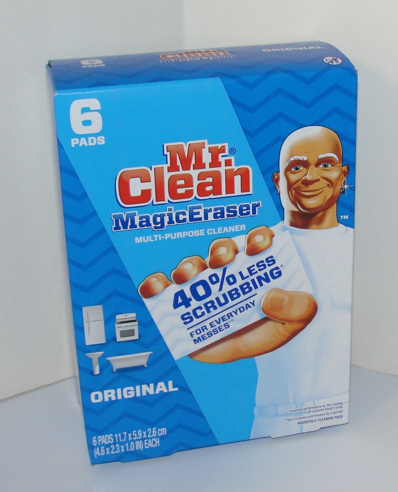 6 PADS IN BOX MR. CLEAN MAGIC ERASER MULTI-PURPOSE CLEANER 40% LESS SCRUBBING
