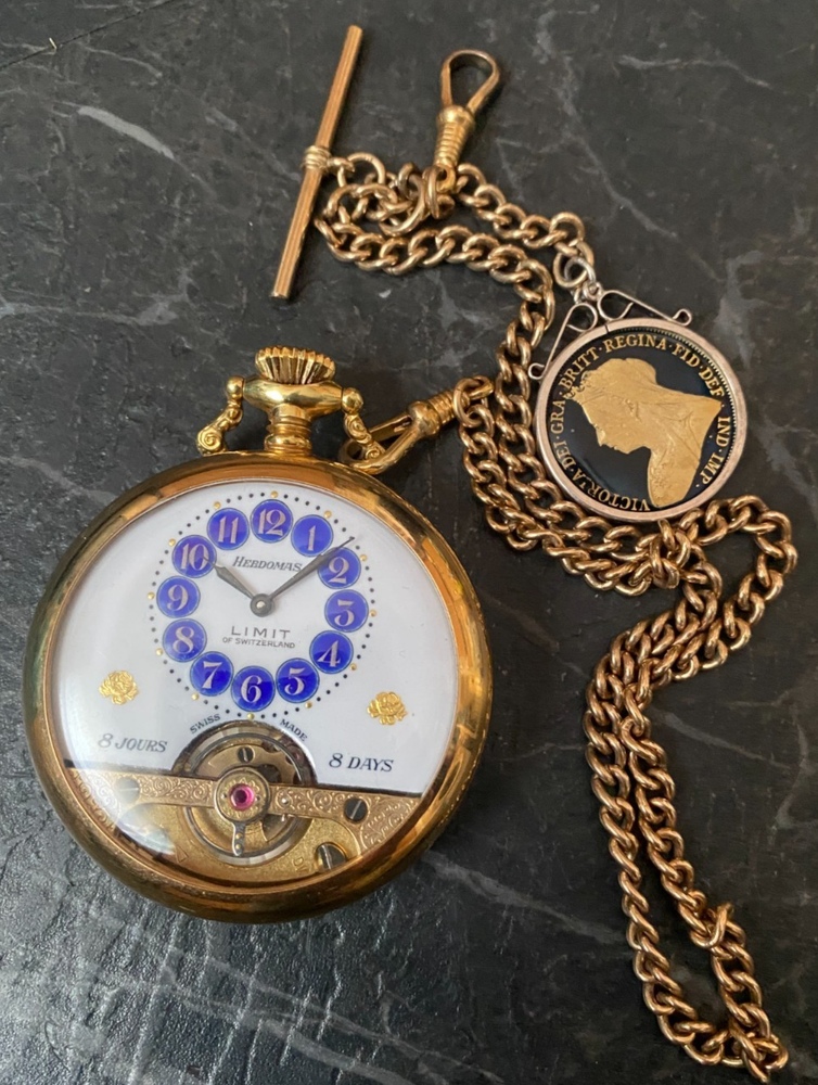 SUPERB GOLD PLATED LIMIT OF SWITZERLAND CASED HEBDOMAS 8 DAY POCKET WATCH FAB